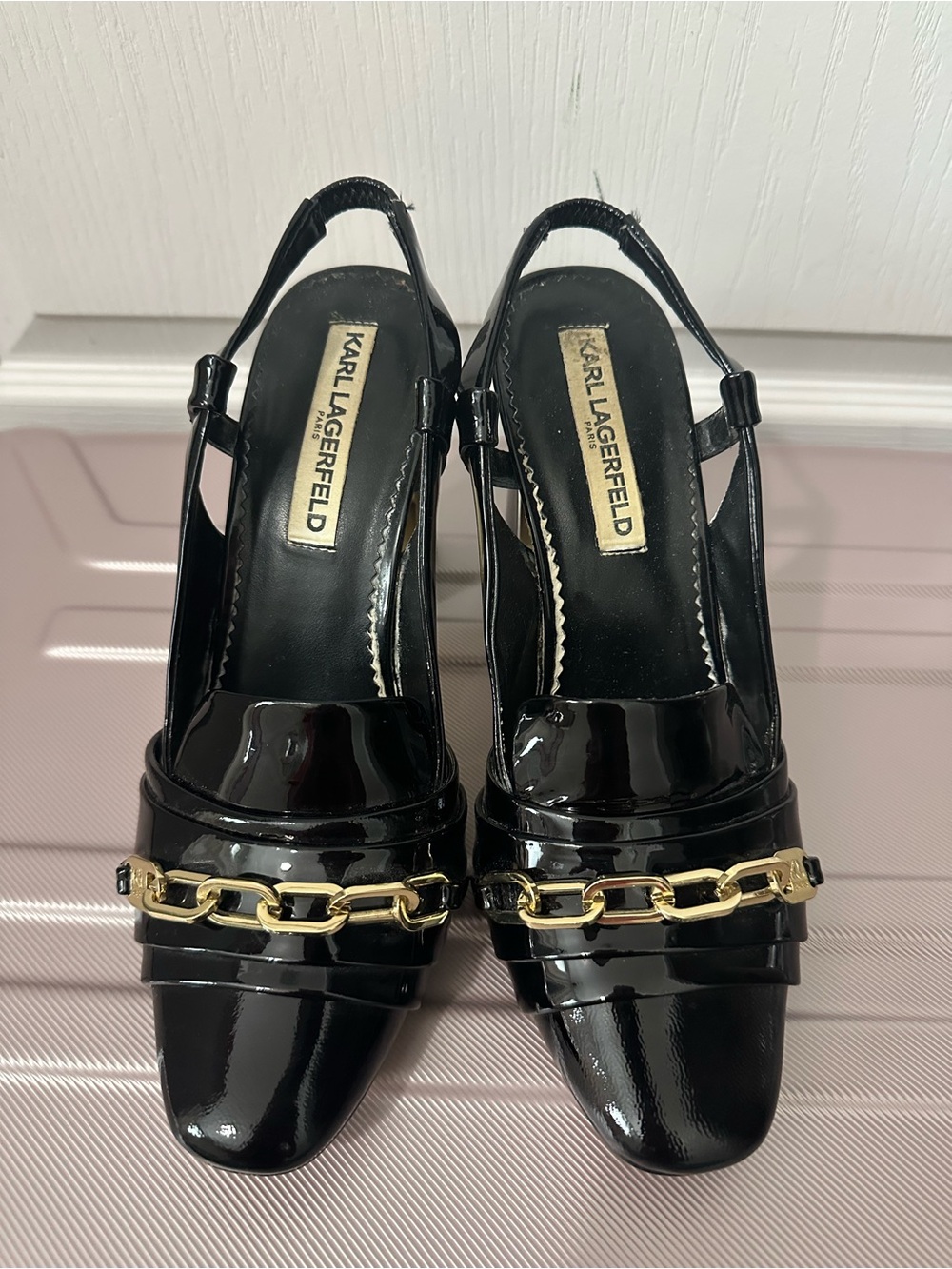 Karl Lagerfeld Black Patent Slingback Pumps with Gold Chain Accent